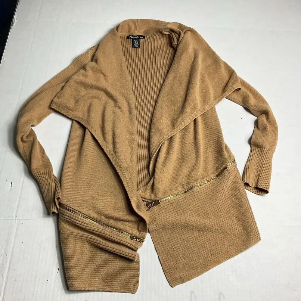 Kenneth  Cole New York Womens Open Front Cardigan Beige Zip Waist Sweater XS